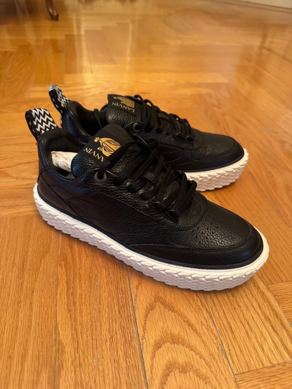 Lanvin Black Leather Sneakers with White Sole and Gold Logo